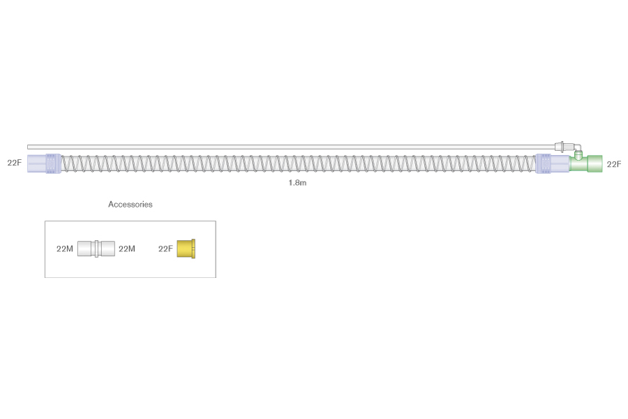 22mm Smoothbore bilevel breathing system for use with CaStar™ hood with monitoring line and CO₂ leak port cap. ≥1.8m 