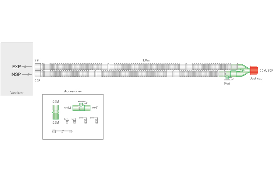 22mm Flextube Breathing system with adaptors for nitric oxide delivery, ≥ 1.6m